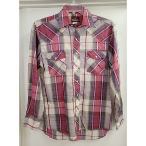 Wrangler Pearl Snap Shirt Mens Medium 15 - 15.5  Plaid Long Sleeve Wine
